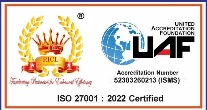 Royal Impact Certification Limited and United Accreditation Foundation ISO 27001:2022 certification badge